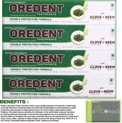 OREDENT NATURAL CLOVE & NEEM_DOUBLE PROTECTION FORMULA 4_ECOTRANS SOAP 100GM Toothpaste(400 g, Pack of 4)