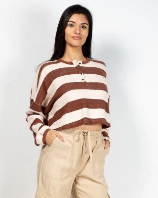 miniPRICE Casual Striped Women White, Brown Top