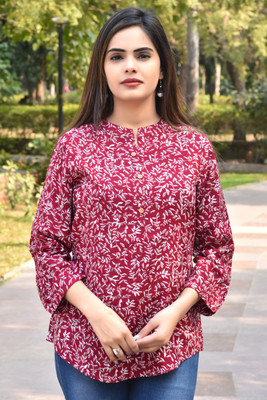 FANCIFY Casual Floral Print Women Red Top