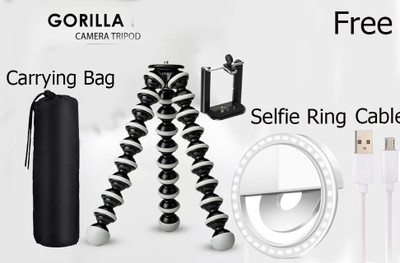 BUFONA Best Buy BUF-GLA87 SELFIE RING LIGHT + GORILLA TRIPOD + DUSTPROOF BAG Fully Flexible Portable & Foldable Camera & Mobile Tripod With Mobile Clip Holder Bracket Fully Flexible Mount Cum Tripod Stand With Three-Dimensional Head & Quick Release T9 Plate Gorilla Tripod DSLR , Smartphone & Action 