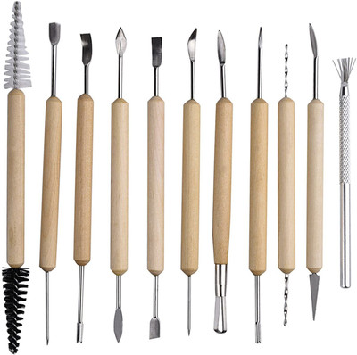 Ditya Crafts 11 Pcs Wooden Handle Clay Pottery Sculpting Tools Carving Tools