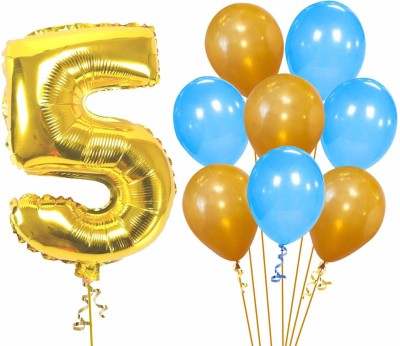 Party Propz Solid 5th Birthday Decorations Kit For Baby Boy - Happy 5th Birthday Balloon With Number 5 Foil Balloon and Gold Blue Metallic Balloons Set 9Pcs for Kids Boy Party Supplies Balloon(Multicolor, Pack of 9)