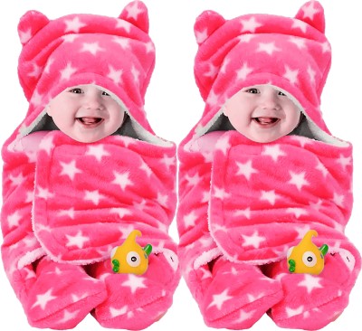 BeyBee Printed Single Hooded Baby Blanket for  Mild Winter(Woollen Blend, Pink)