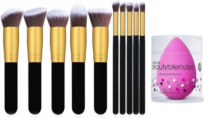 Bingeable Make Up Brushes, 10Pcs Natural Bamboo Professional Makeup Brushes Set Foundation Blending Brush Tool Cosmetic Kits Makeup Set Brushes+ Professional Makeup Sponge, Foundation Blending Beauty Sponge, Beauty Blender Puff Sponge for Powder, Cream, Makeup Sponge 1 Pcs(Pack of 10)