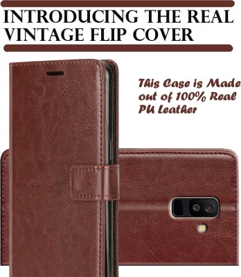 Crickle Back Cover for Samsung Galaxy J8 - Inbuilt Stand & Card Pockets | Hand Stitched | Wallet Flip Case(Brown, Dual Protection, Pack of: 1)