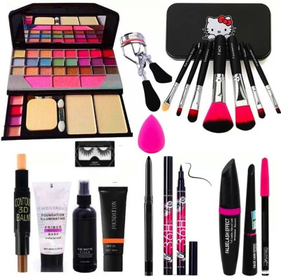 Prefetto COSMO Proof Kajal, 3in1 Combo set, Eyeliner, Fixer, Foundation,Primer,Highlighter Contour Stick,Eyelash,Curler,Set of 7 Multicolour Makeup Brushes,All in One Best Makeup kit 6155 (Eyeshadow,Blusher,Compact,Lip Gloss+ Blender Puff (14 Items in the set)(14 Items in the set)