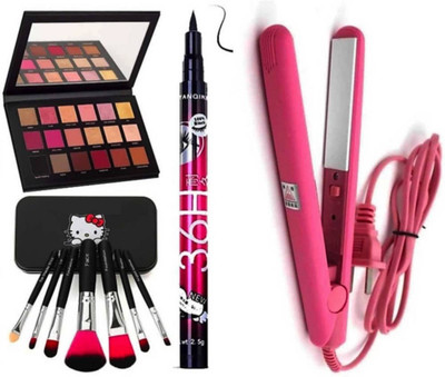 homedropsy best combo of straightner, eyeshadow rose, 36h long lasting eyeliner, and 7 pcs of brush hello kiity set. (10 pc combo)(10 Items in the set)