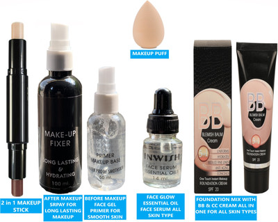 INWISH primer foundation concealer combo makeup fixer with face serum and puff PACK OF 6(6 Items in the set)