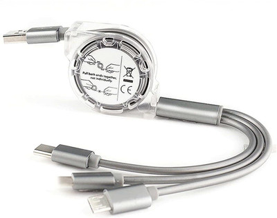 Wifton USB Type C Cable 1.2 m 3 in 1 Charging Cable Retractable -K8(Compatible with iOS, Android, Silver, One Cable)