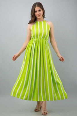 Bhawanaprint Women Fit and Flare Light Green Maxi/Full Length Dress