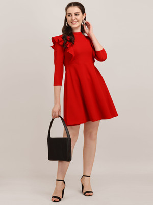 Oomph! Women Fit and Flare Red Above Knee/Mid Thigh Length Dress