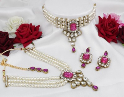 White pearl Alloy Gold-plated Pink Jewellery Set(Pack of 1)