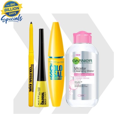 MAYBELLINE NEW YORK Call Me Colossal Kit - Colossal Waterproof Mascara + Colossal Kajal + Colossal Bold Liner with Garnier Micellar Cleansing Water, 125ml(Black, 139 g)