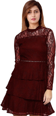 ORIEX Girls Midi/Knee Length Casual Dress(Maroon, Full Sleeve)