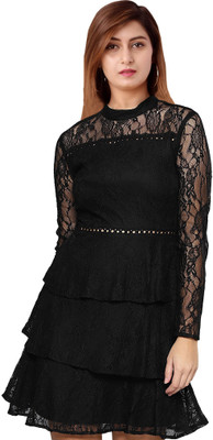 Skyfly Women Fit and Flare Black Above Knee/Mid Thigh Length Dress
