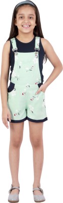 Kids Cave Dungaree For Girls Casual Floral Print Polyester(Light Green, Pack of 1)