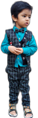 fab fashions Boys Festive & Party Shirt, Waistcoat and Pant Set(Blue Pack of 1)