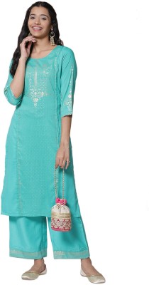 RANGRITI Women Printed Straight Kurta(Green)