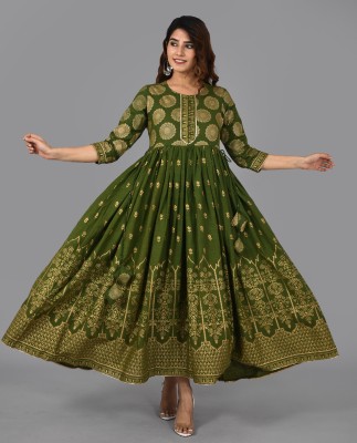 AAYUMI Women Printed Anarkali Kurta(Green)