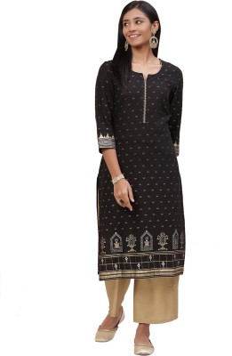 RANGRITI Women Printed Straight Kurta(Black)