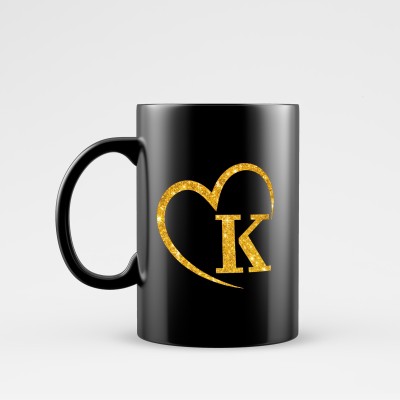 Dezzbee Creative Golden Heart Letter Alphabet K For Girls wife husband girlfriend boyfriend Mom Dat on Birthday Valentines Day and Anniversary White Ceramic 330ML Ceramic Coffee Mug(330 ml)