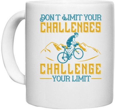 UDNAG White Ceramic Coffee / Tea 'Cycling | don't limit your challenges, challenge your limit' Perfect for Gifting [330ml] Ceramic Coffee Mug(330 ml)