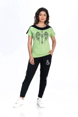 StyleAone Women Graphic Print Light Green, Black Top & Pyjama Set