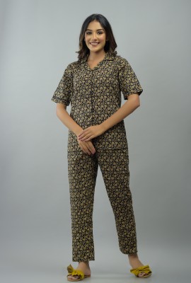 GORDHAN Women Printed Yellow Shirt & Pyjama set