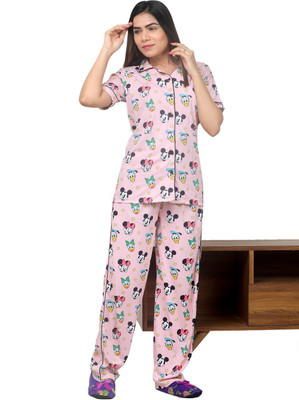 Heerali Women Printed Pink Shirt & Pyjama set