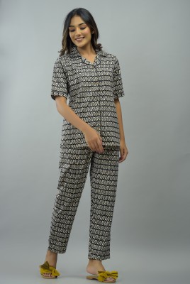 RAAKA Women Printed Beige Shirt & Pyjama set