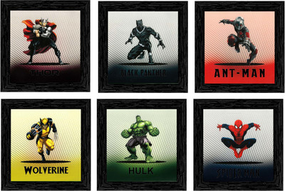 Indianara Set of 6 Superheroes Framed Wall Hanging Laminated Paintings Matt Art Prints 9.5 inch x 9.5 inch each without Glass (4023MC) Digital Reprint 19 inch x 28.5 inch Painting(With Frame, Pack of 6)