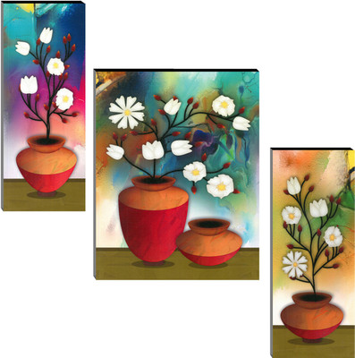 Indianara Set of 3 Abstract Flowers in Vases Art MDF Art Painting (3736FL) without glass (4.5 X 12, 9 X 12, 4.5 X 12 INCH) Digital Reprint 12 inch x 18 inch Painting(With Frame, Pack of 3)