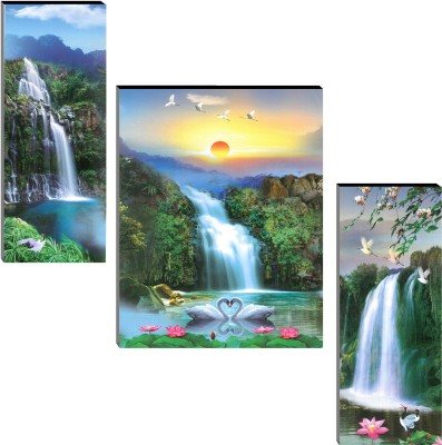 Indianara Set of 3 Waterfall in Forest Art MDF Art Painting (3741FL) without glass (4.5 X 12, 9 X 12, 4.5 X 12 INCH) Digital Reprint 12 inch x 18 inch Painting(With Frame, Pack of 3)