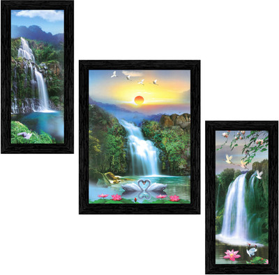 Indianara Set of 3 Waterfall in Forest Framed Art Painting (3741BK) without glass (6 X 13, 10.2 X 13, 6 X 13 INCH) Digital Reprint 13 inch x 10.2 inch Painting(With Frame, Pack of 3)