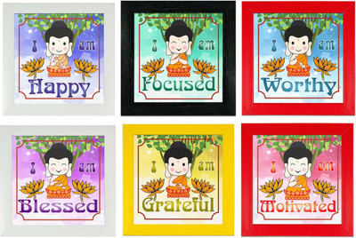 Indianara Set of 6 Laughing Buddha Motivational Quotes Framed Wall Hanging Laminated Paintings Matt Art Prints 9.5 inch x 9.5 inch each without Glass (4016MC) Digital Reprint 19 inch x 28.5 inch Painting(With Frame, Pack of 6)