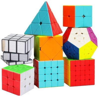 Authfort Speed 2X2 3x3 4x4 5x5 and Mirror Silver Pyraminx Pyramid Triangle, Megaminx, Squire cube set Puzzle Cubes Combo (B - Pack of 8 Cube)(8 Pieces)