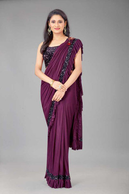 fem hub Solid/Plain Daily Wear Lycra Blend Saree(Purple)