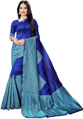 sheladiya Printed, Self Design Banarasi Silk Blend Saree(Dark Blue)