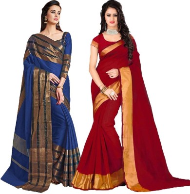 BAPS Self Design, Striped, Woven, Embellished, Solid/Plain Bollywood Cotton Blend, Art Silk Saree(Pack of 2, Red, Blue)