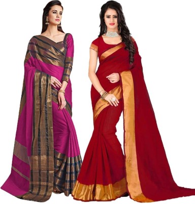 BAPS Self Design, Striped, Embellished, Woven, Solid/Plain Bollywood Cotton Blend, Art Silk Saree(Pack of 2, Red, Pink)