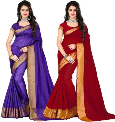 BAPS Self Design, Embellished, Woven, Solid/Plain Bollywood Cotton Blend, Art Silk Saree(Pack of 2, Purple, Red)