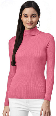 VastraVerse Striped High Neck Casual Women Pink Sweater