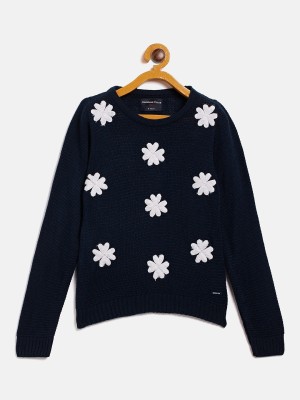 CRIMSOUNE CLUB Self Design Round Neck Casual Girls Dark Blue Sweater