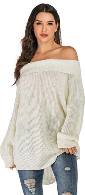 Urbanic Solid Round Neck Casual Women White Sweater Urbanic Solid Round Neck Casual Women White Sweater