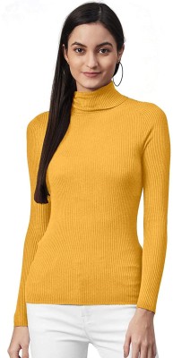 VastraVerse Striped High Neck Casual Women Yellow Sweater