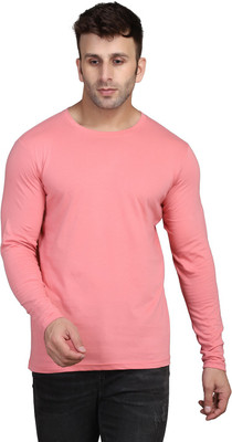 TEEFOX Solid Men Round Neck Pink T-Shirt