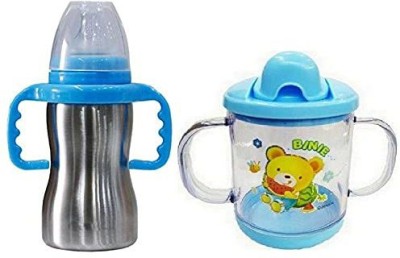 CHILD CHIC Baby Stainless Steel 2 in 1 Sipper and Feeding Bottle with BPA Free Unbreakable Sipper Cup - 290 ml(BLUE 2)