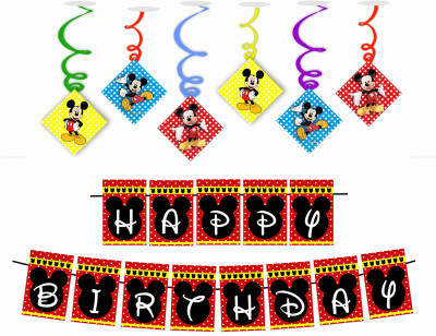 Balloonistics Mickey Mouse Happy Birthday Banner and Swirls for Kids Birthday Decoration Backdrop Photo Shoot Backdrop and Theme Party 1 Banner and 6 Swirls Banner(6 ft, Pack of 1)