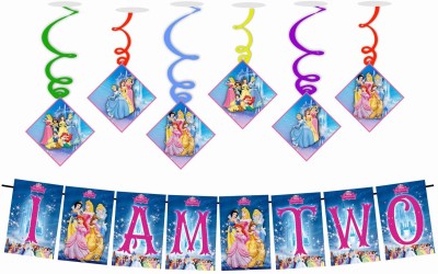 Balloonistics Disney Princess Theme I am Two Kids 2nd Birthday Banner and Swirls for Kids Birthday Decoration Backdrop Photo Shoot Backdrop and Theme Party 1 Banner and 6 Swirls Banner(6 ft, Pack of 1)