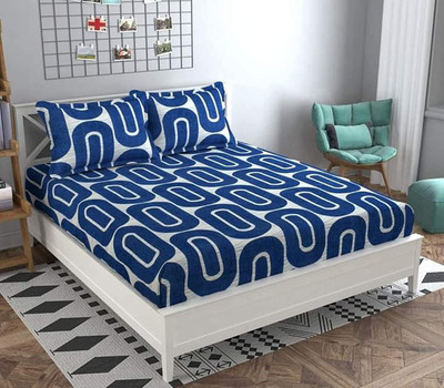 Skytex 180 TC Cotton King Geometric Fitted (Elastic) Bedsheet(Pack of 1, Blue)